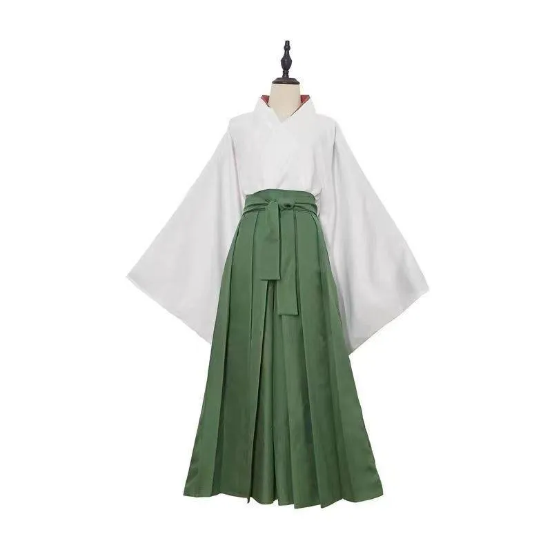 Foxtume Miko Shrine Maiden Green Hakama Set white and green ensemble