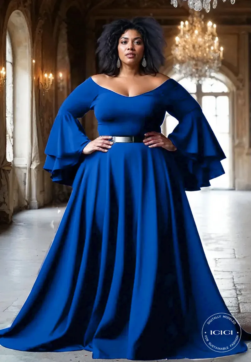IGIGI Idia Plus Size Evening Gown In Royal Blue, blue gown with V-neck and flounce sleeves