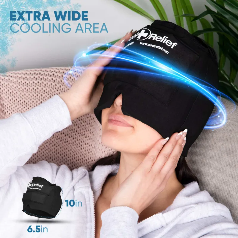 Cool Relief Soft Gel Migraine Ice Pack worn as a cooling head wrap
