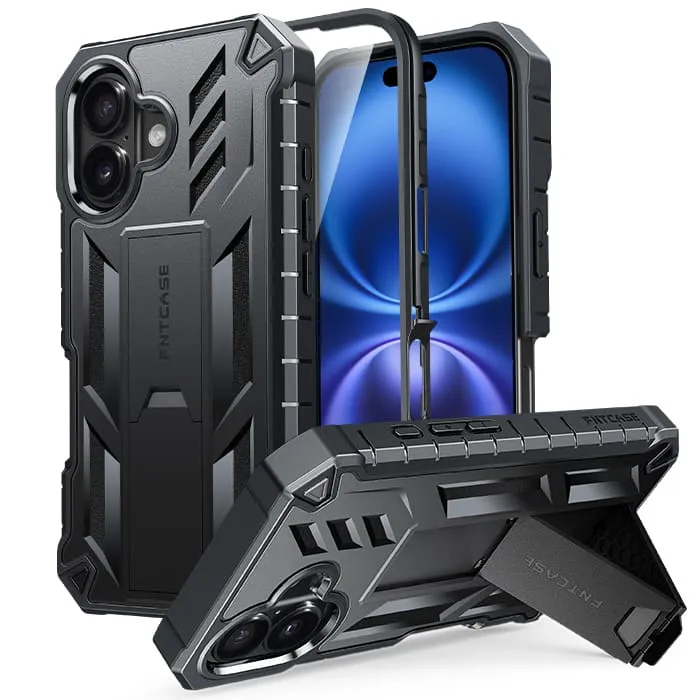 FNTCASE OFFICIAL military grade iPhone 16 case with built-in screen protector and kickstand in dual-layer construction