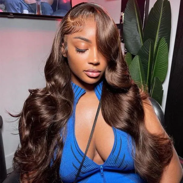 Megalook 13x4 lace frontal chocolate brown body wave wig with natural hairline