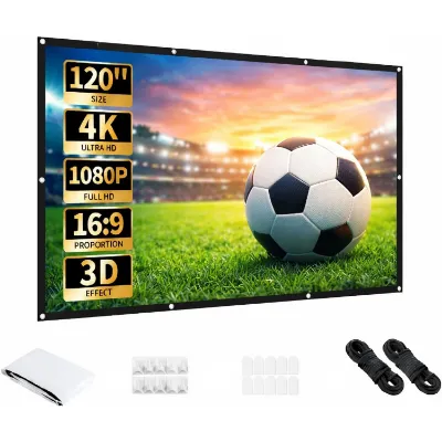 Aurzen 120 inch portable projector screen set up showing a large wrinkle-free white viewing surface