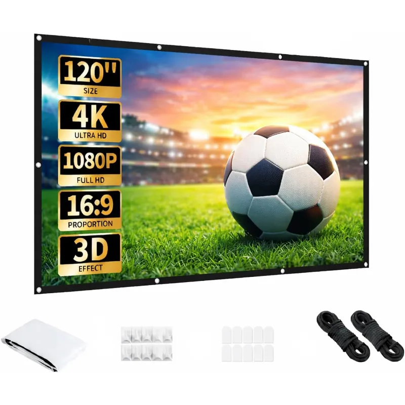 Aurzen 120 inch portable projector screen set up showing a large wrinkle-free white viewing surface