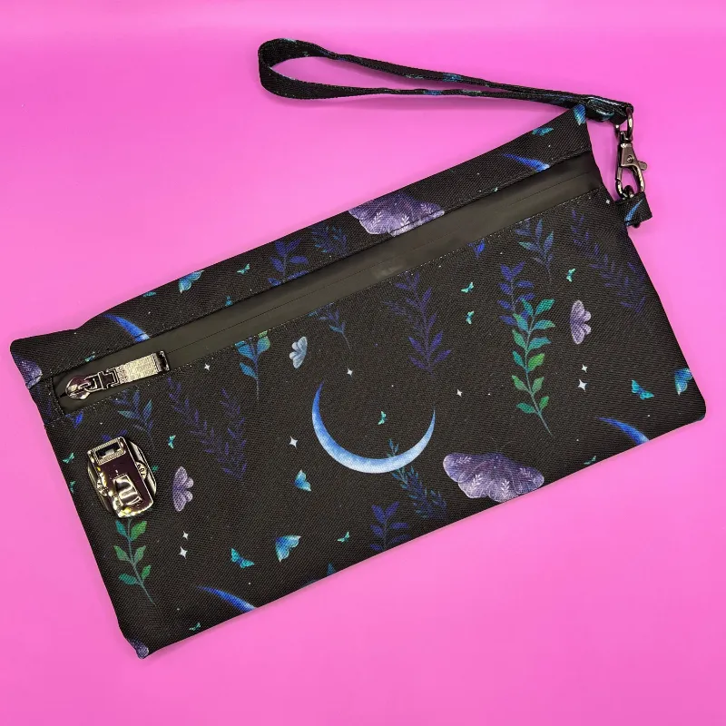 High Dreams Smell Proof Bag with Lock Butterfly & Moon design, lockable bag with butterfly moon and floral art