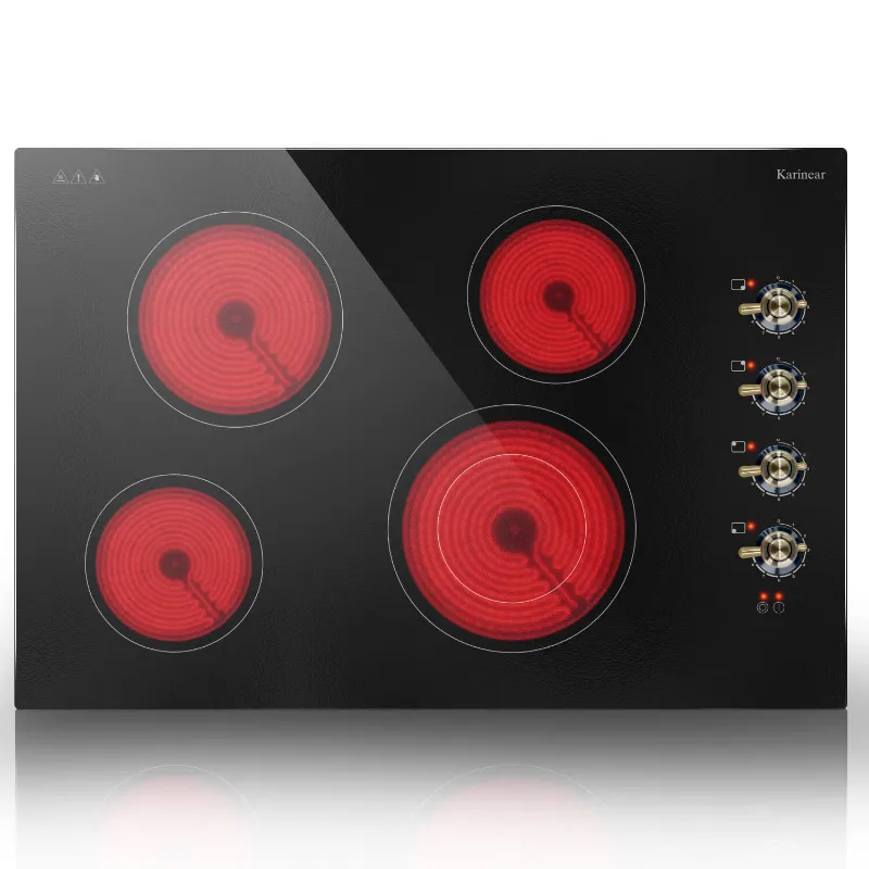 Karinear Appliances 30 Inch 4 Burner Electric Cooktop With Knob Control 6700W, black glass surface, four burner zones with knob controls