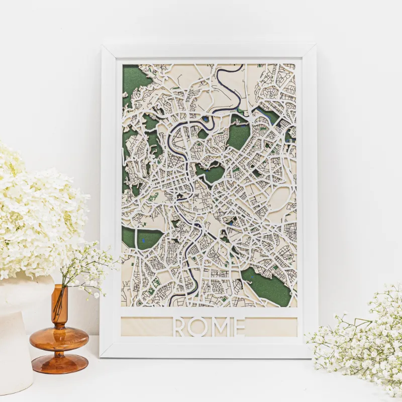 Enjoy The Wood 3D City Map Rome laser-cut wooden wall art showing Eternal City street layout and piazzas