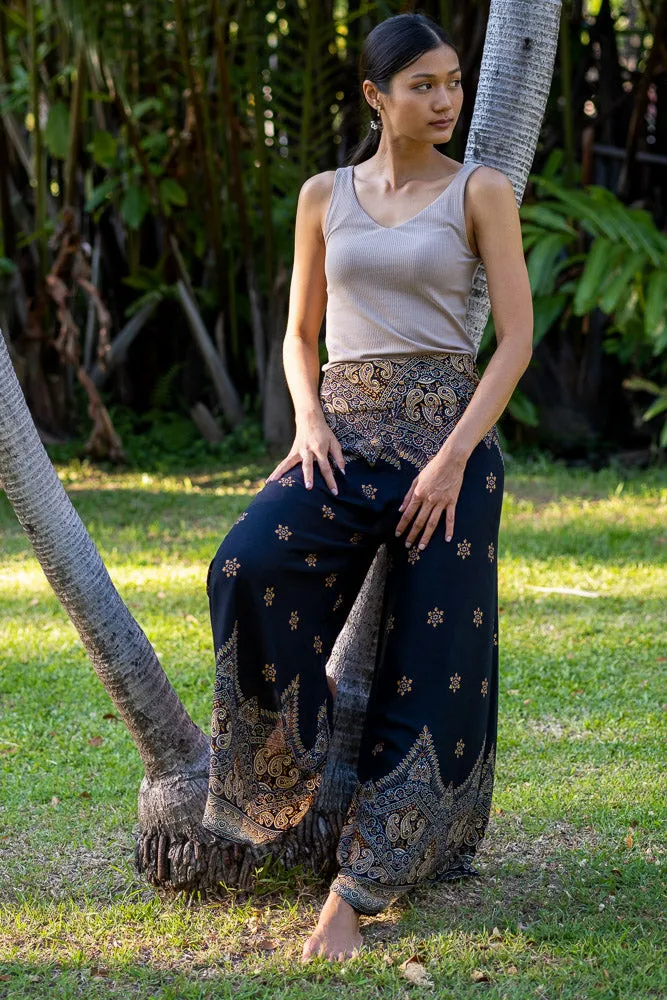 Hippie Pants Black Palazzo Star Pants, black palazzo pants with star print and flared legs