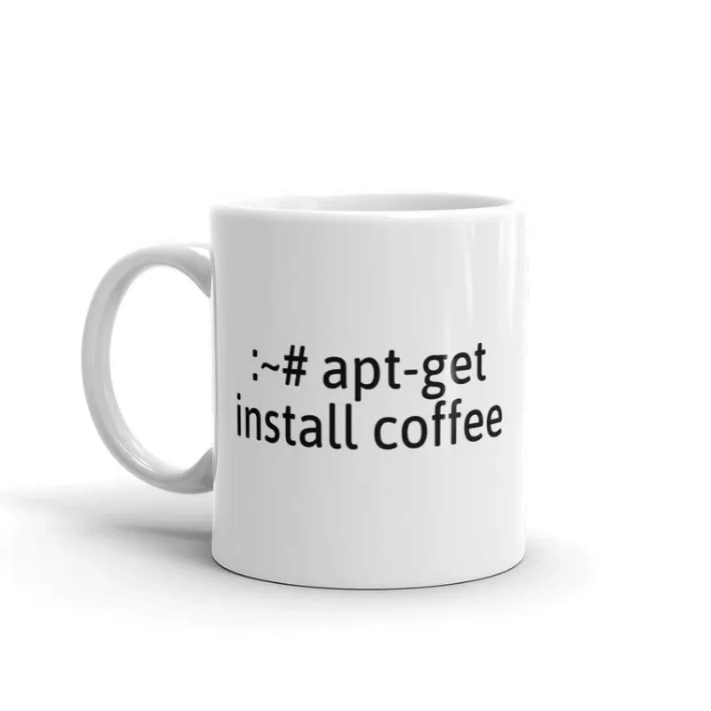 MyHackerTech apt-get install coffee Hacker Mug White showing printed design
