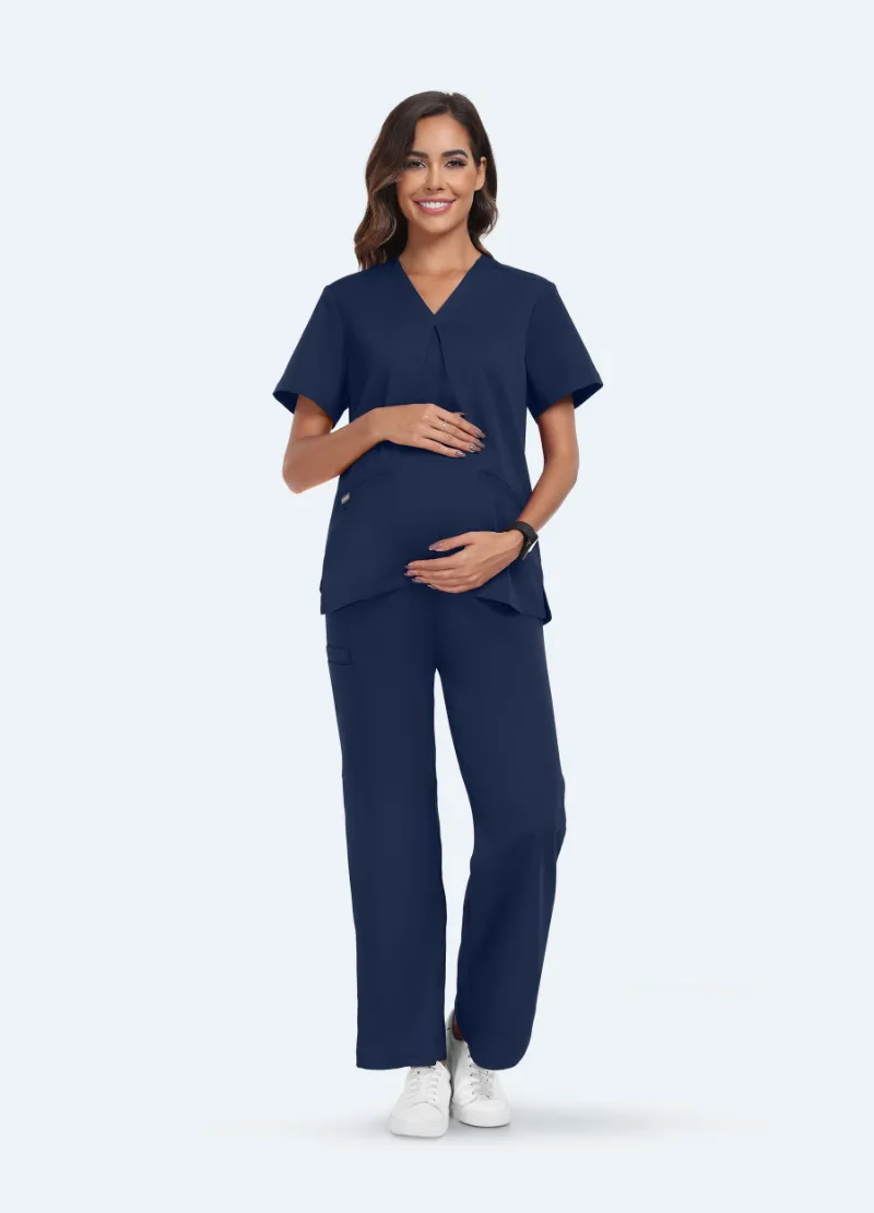 COMENII SoftTouch Maternity Scrub Set in Navy, front view showing adjustable waistband and cross-pleat top