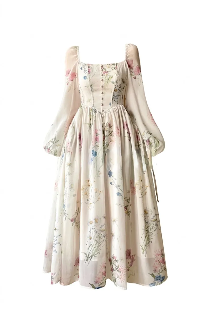 Cottagecore Clothes Cottagecore Corset Dress in ivory with wildflower print, boned bodice, and full midi skirt