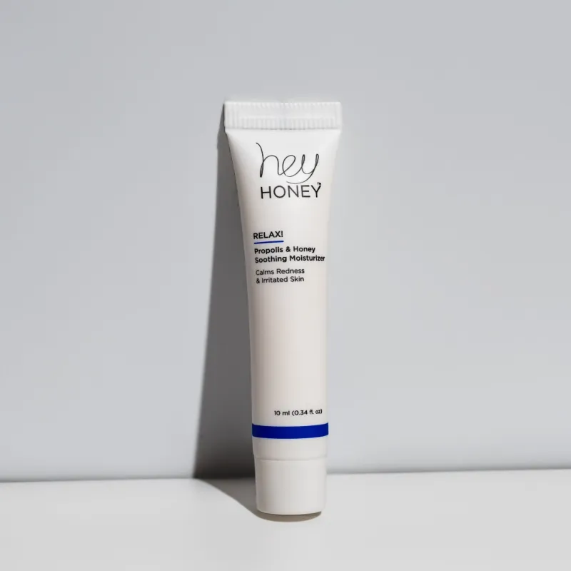 Hey Honey RELAX! Propolis & Honey Soothing Moisturizer Deluxe 10ml jar on white background