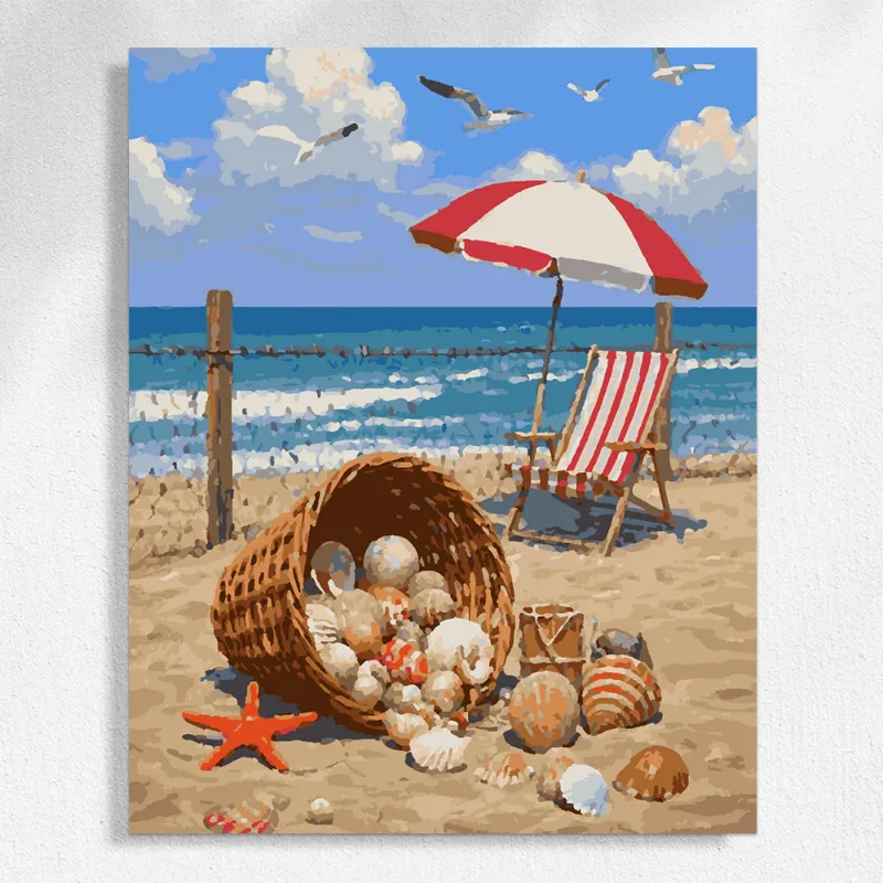 Maikoo Art Beach with Shells paint by numbers kit showing sandy beach scene with seashells