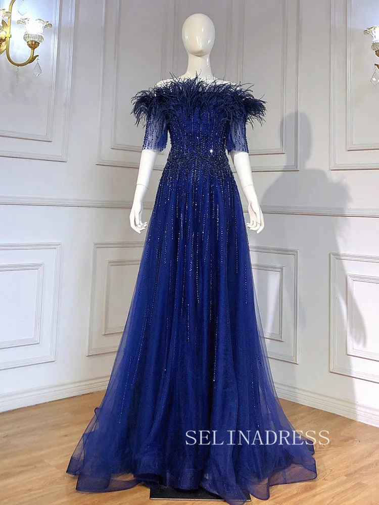 Selinadress A-line Half Sleeve Royal Blue Long Prom Dress, beaded off-shoulder evening gown