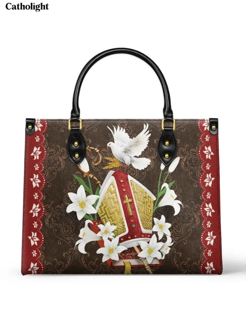 Catholight The Bishop's Grace Leather Bag with mitre, lilies, and dove design