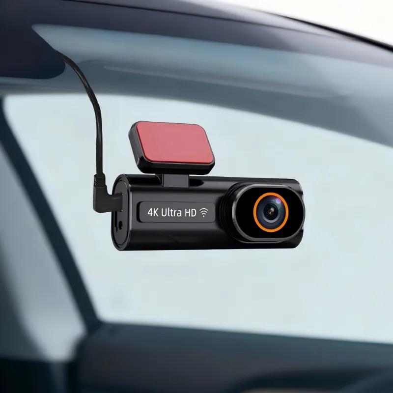 Tesstudio 4K Front/1080P Rear Dash Cam with small screen mounted in Tesla interior