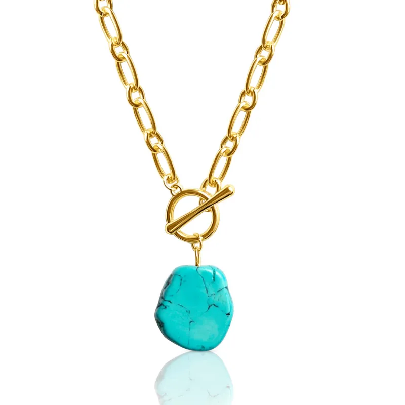 DORSYA Las Palmas Turquoise Necklace, raw turquoise pendant on chunky gold chain with T-bar clasp