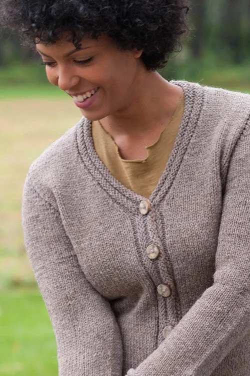 Kristen TenDyke Purna cardigan, a seamless knit cardigan in grey heather