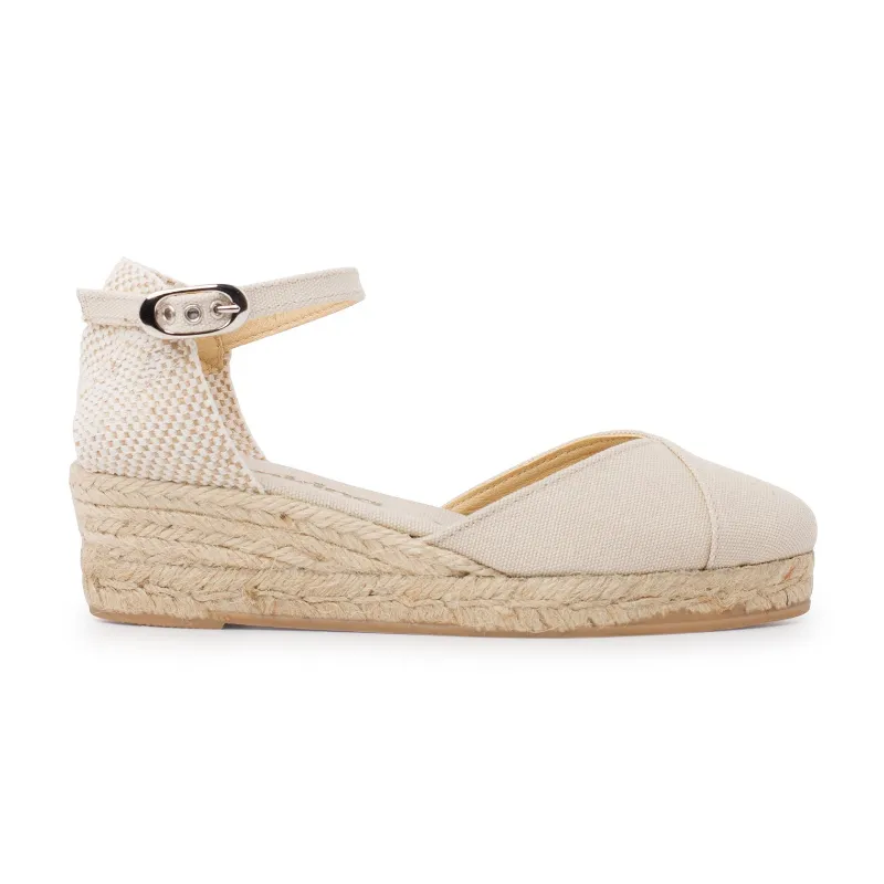 BIANKINA Girona Eco Canvas Vegan Espadrille Wedges in beige tan with ankle strap