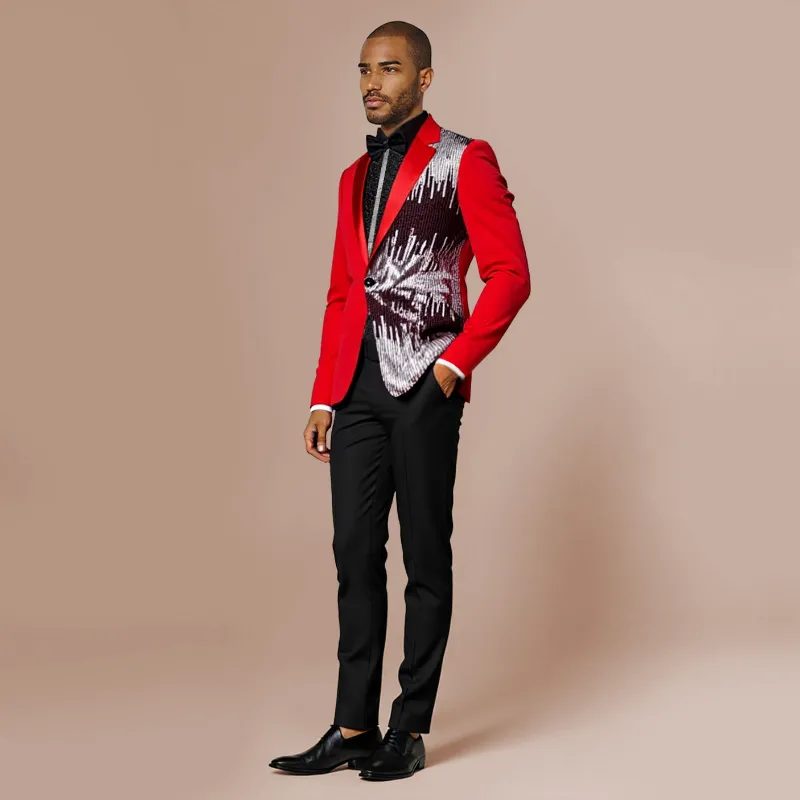 Cloudstyle HZ004 Series Prom Stylish Sequin Suit 2-Piece Red Suit with sequin detail