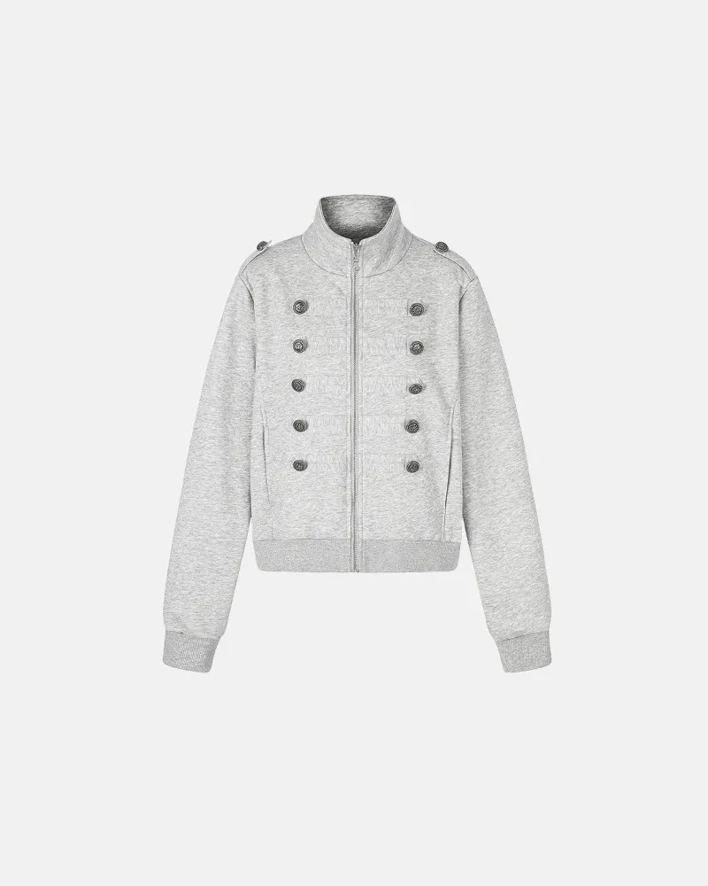 INFLATION Button Detail Stand Collar Zip Jacket in heather grey with silver button front and ribbed cuffs