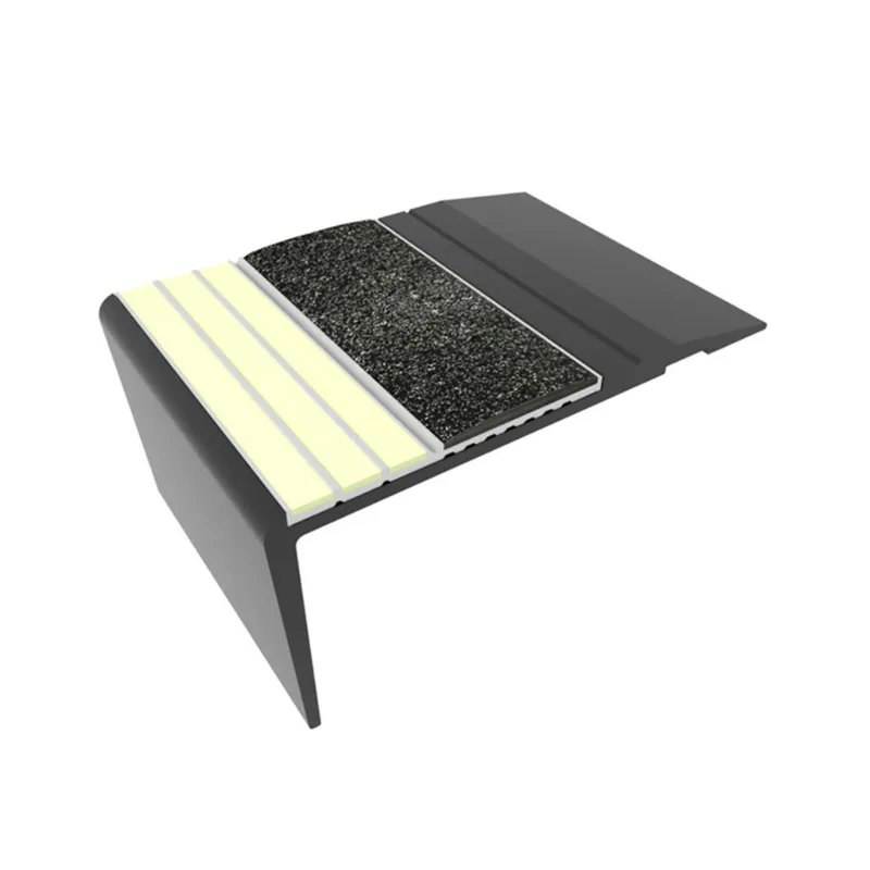 ComposiGrip Ecoglo F4271 Photoluminescent 2.7 Inch Black Anodized Flat Stair Nosing with Black Insert on exit stairway