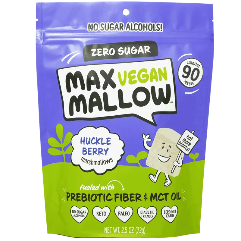 Max Sweets Vegan Huckleberry Sugar-Free Marshmallows bag with huckleberries nearby