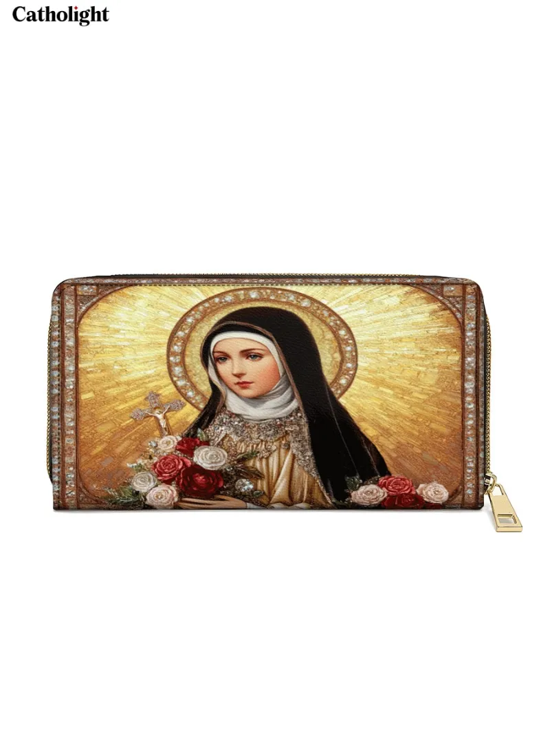 Catholight The Little Flower of Grace Leather Wallet Purse with Saint Thérèse and roses on gold background