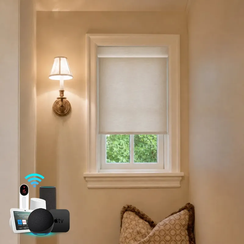 Bringnox 10-18 Inch Small Window Motorized Light Filtering Roller Shades installed on narrow window