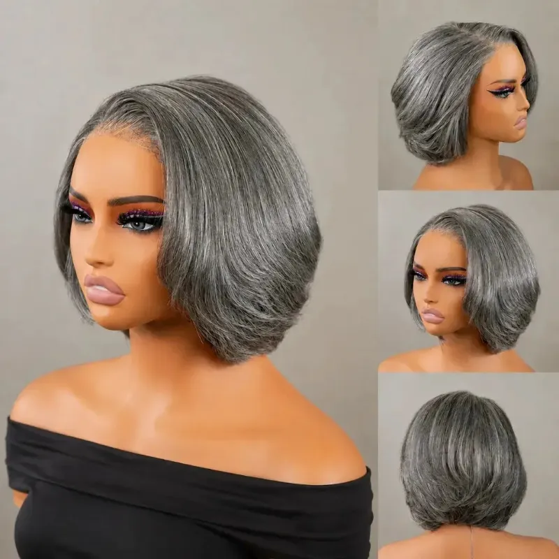 Hairsofly Shop Demeter Grey Layered Bob Human Hair Wig, salt-and-pepper layered bob with waves