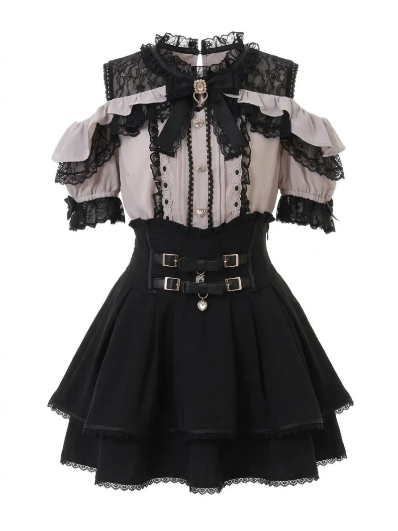 Shoptery Jirai Kei Cold Shoulder Lace Blouse & Buckle High Waist Tiered Skirt Set with double bow detail