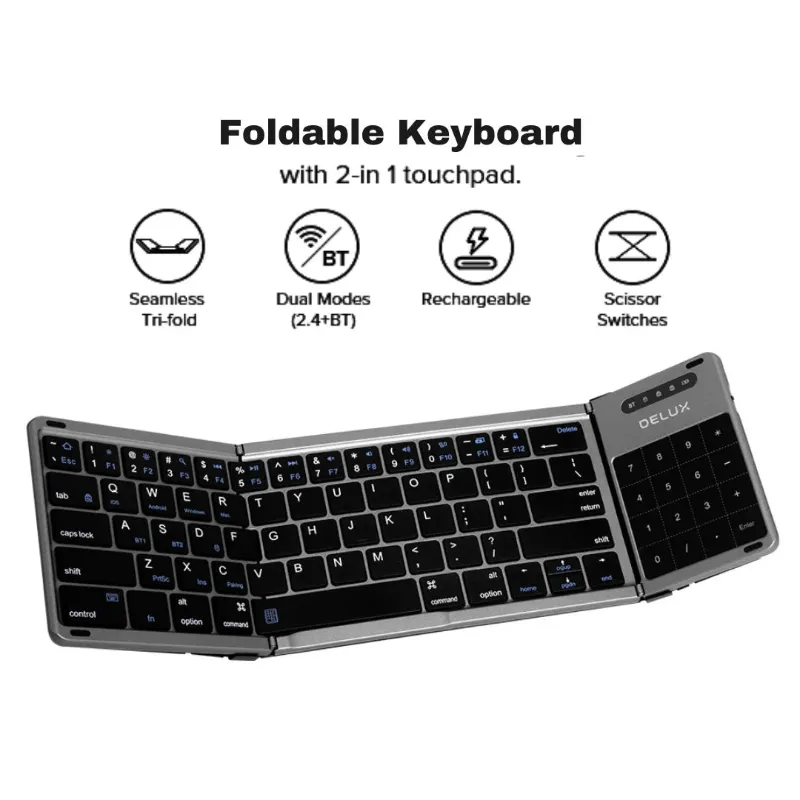 Kicklo 2 in 1 Touchpad Bluetooth Foldable Keyboard shown folded with black leather cover