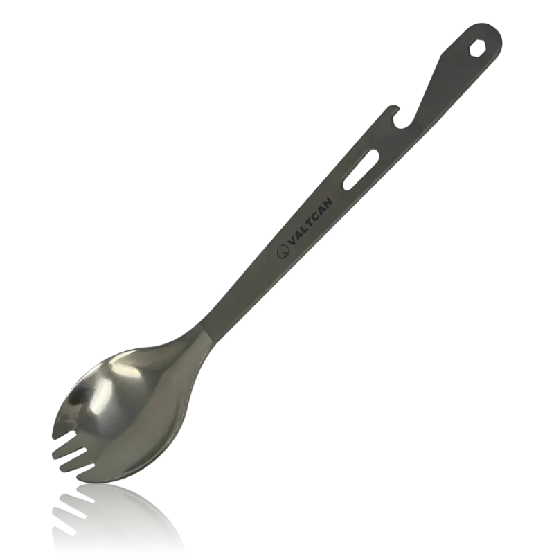 Valtcan Titanium Prime Spork showing spoon bowl, fork tines, bottle opener notch, and hex keyring opening