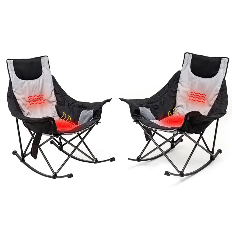 SunnyFeel Outdoor 2pk Oversized Heated Folding Rocking Camping Chairs with Carry Bag in gray
