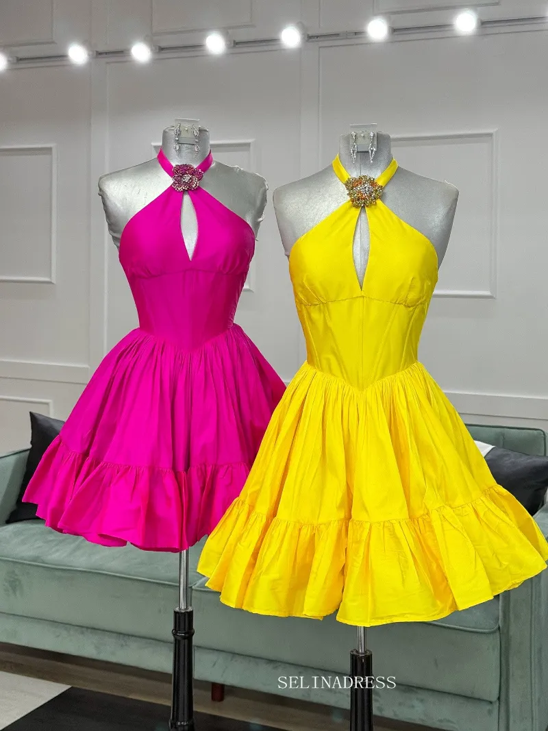 Selinadress A-line Halter Short Homecoming Dresses Cute Hoco Dress TKL618 in beaded taffeta