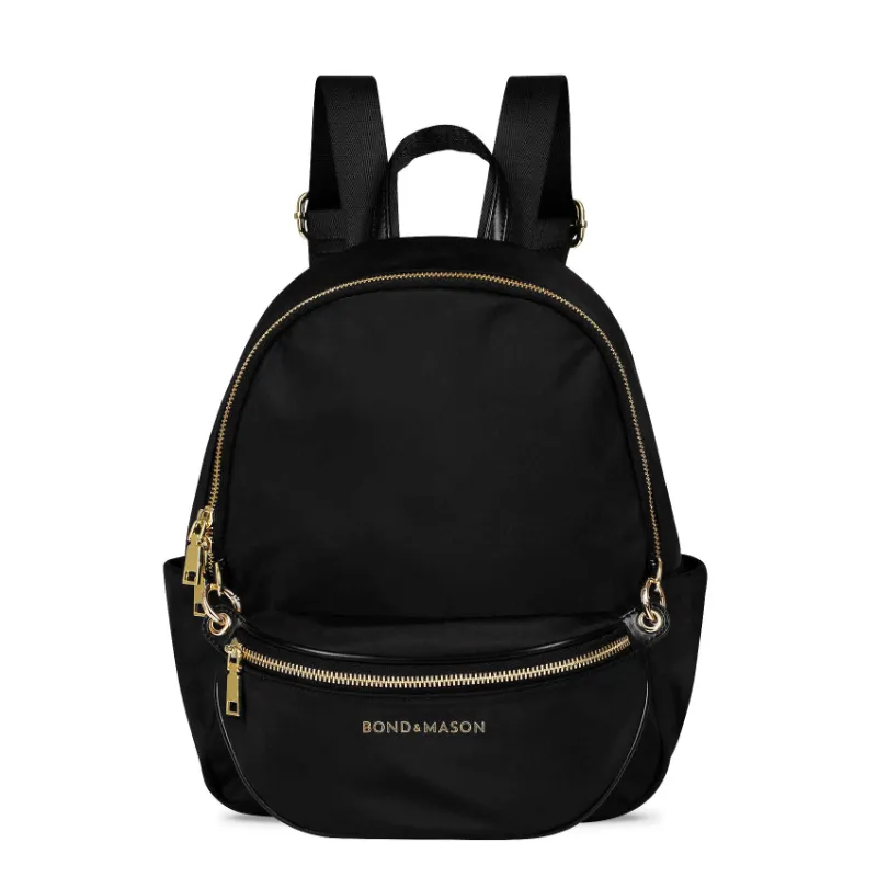 Bond & Mason The Evelyn Backpack (Black) showing a black nylon and vegan leather backpack