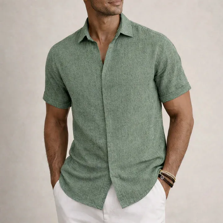 Falour Men's Linen Cotton Blend Short Sleeve Shirt with button closure and clean lines