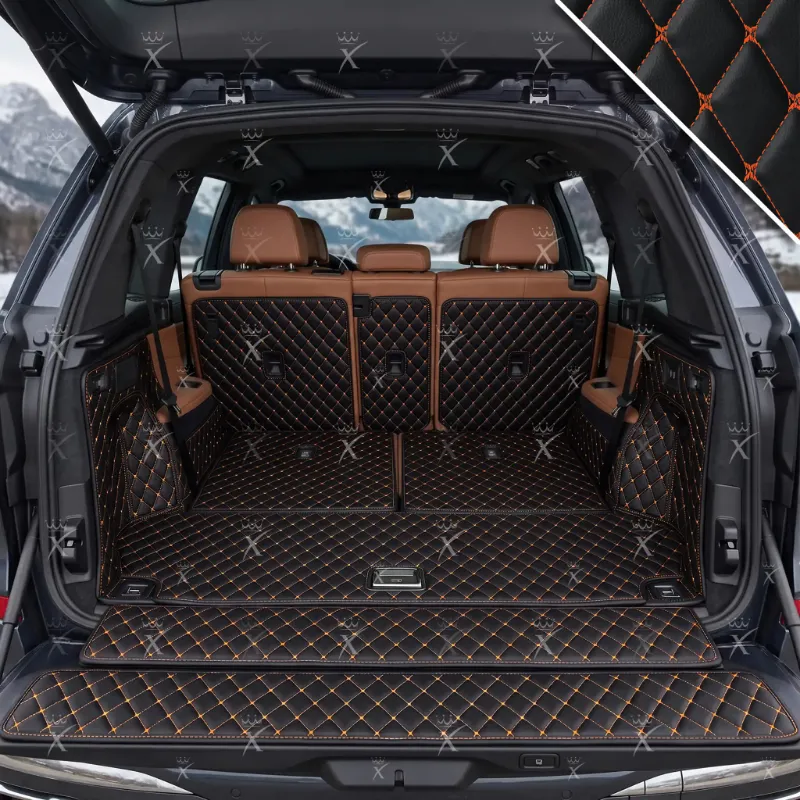 Luxus Car Mats Diamond 360Fit Trunk Mat showing black eco-leather with orange stitching