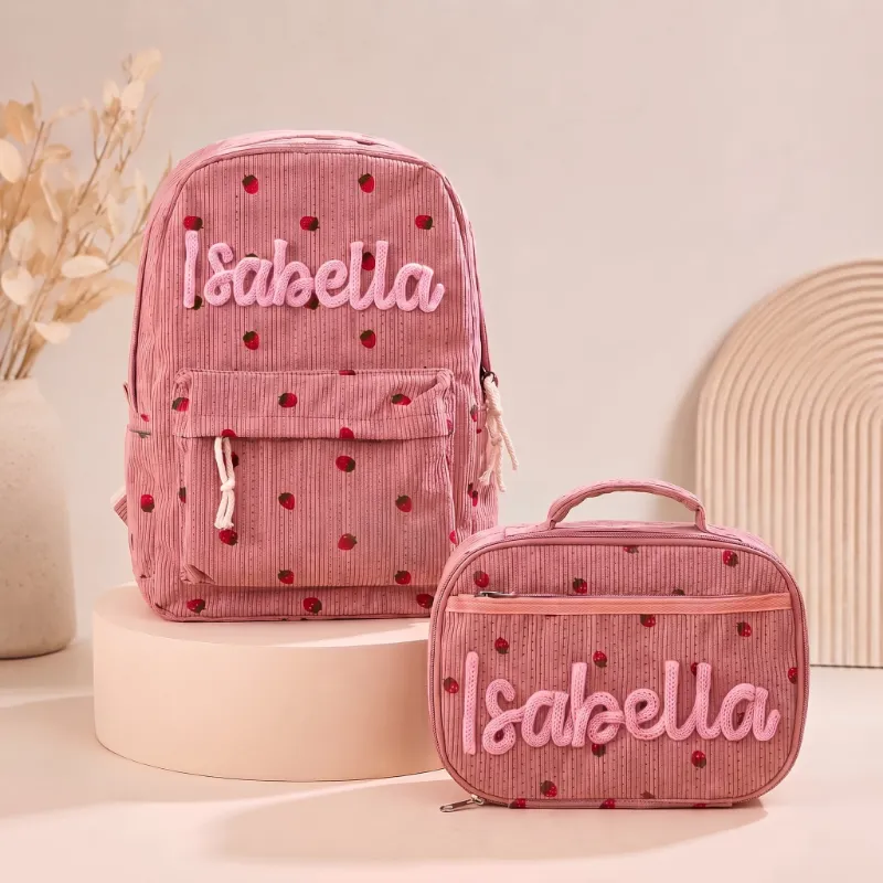 MamaRaya Personalized Backpack & Lunch Set in soft corduroy with raised yarn name detail
