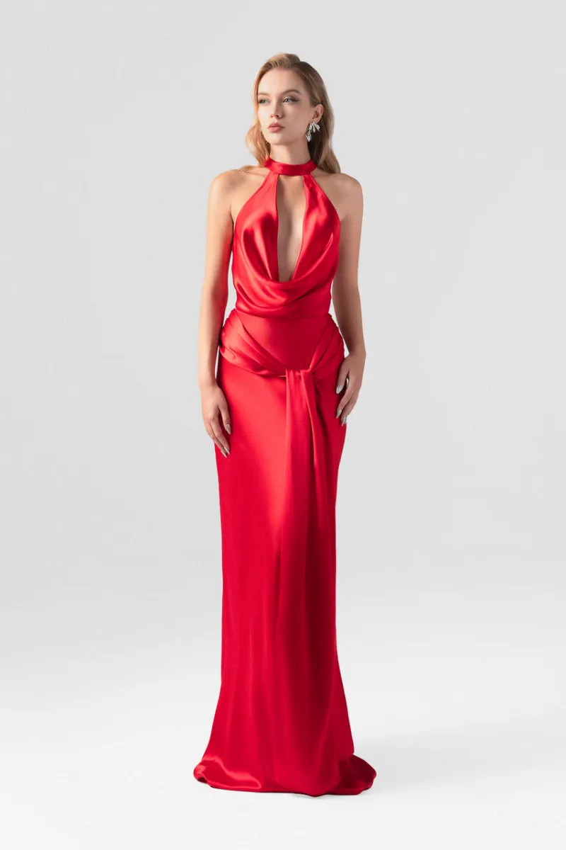 Kalisa Diablo Scarlet Plunging Neckline Silk Gown on model