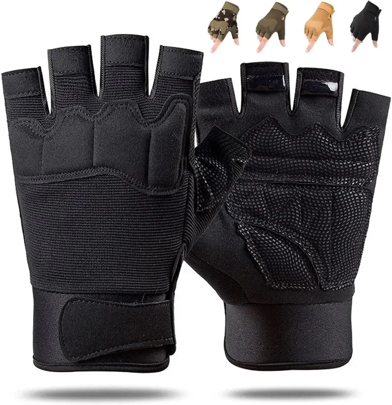 PUPU Sports Fingerless Tactical Gloves with Padded Palm Breathable Half Finger Gloves shown on hands