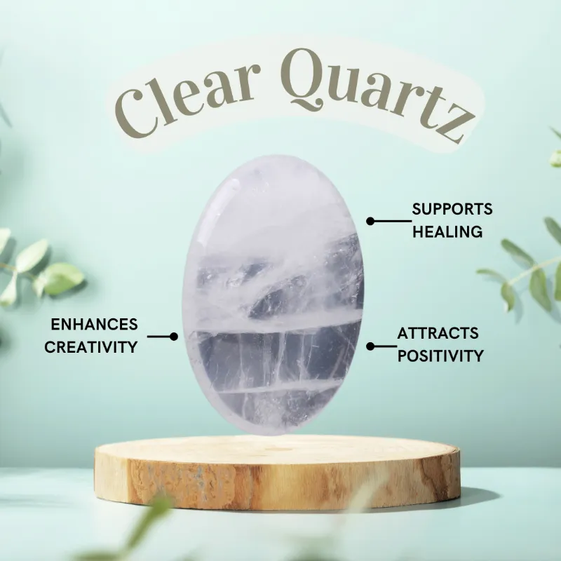 Turix Clear Quartz Worry Stone, polished oval gemstone on white background
