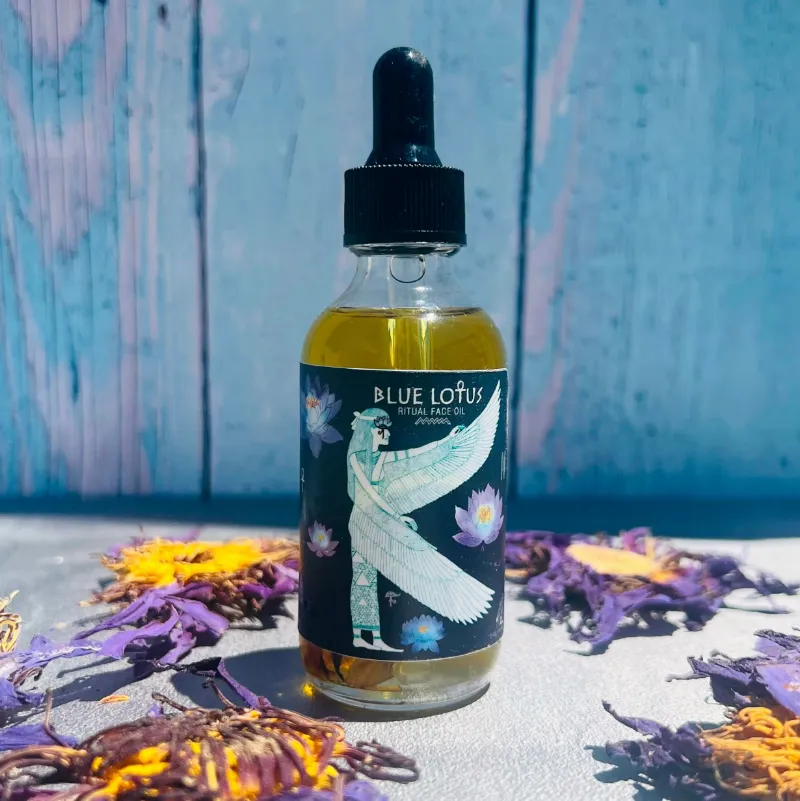 Spirit Nest Blue Lotus Ritual Face Oil bottle, sacred Egyptian elixir serum with blue lotus flower