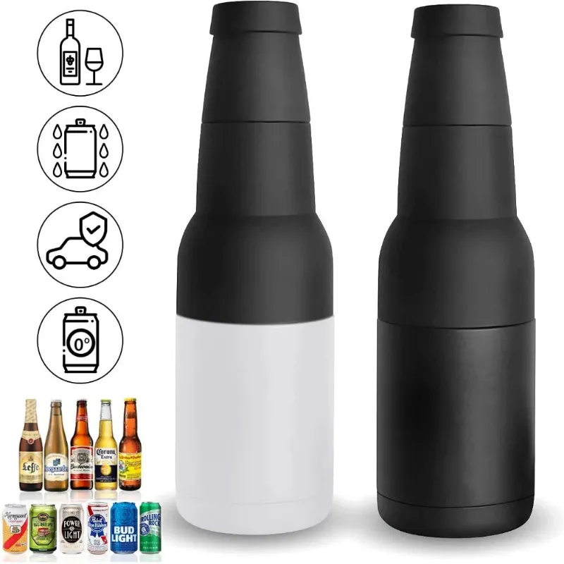 Kicklo 3 in 1 Stainless Insulated Bottle Holder in silver with beverage inside