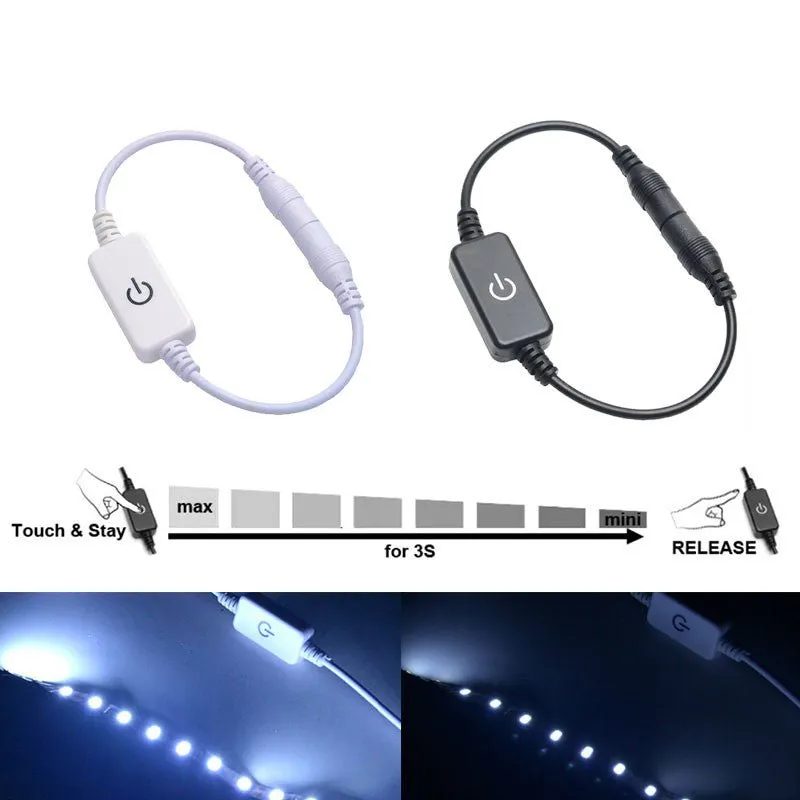 AIBOO DC Dimmer Touch Switch with black and white body, male and female DC connectors, and an LED strip connected