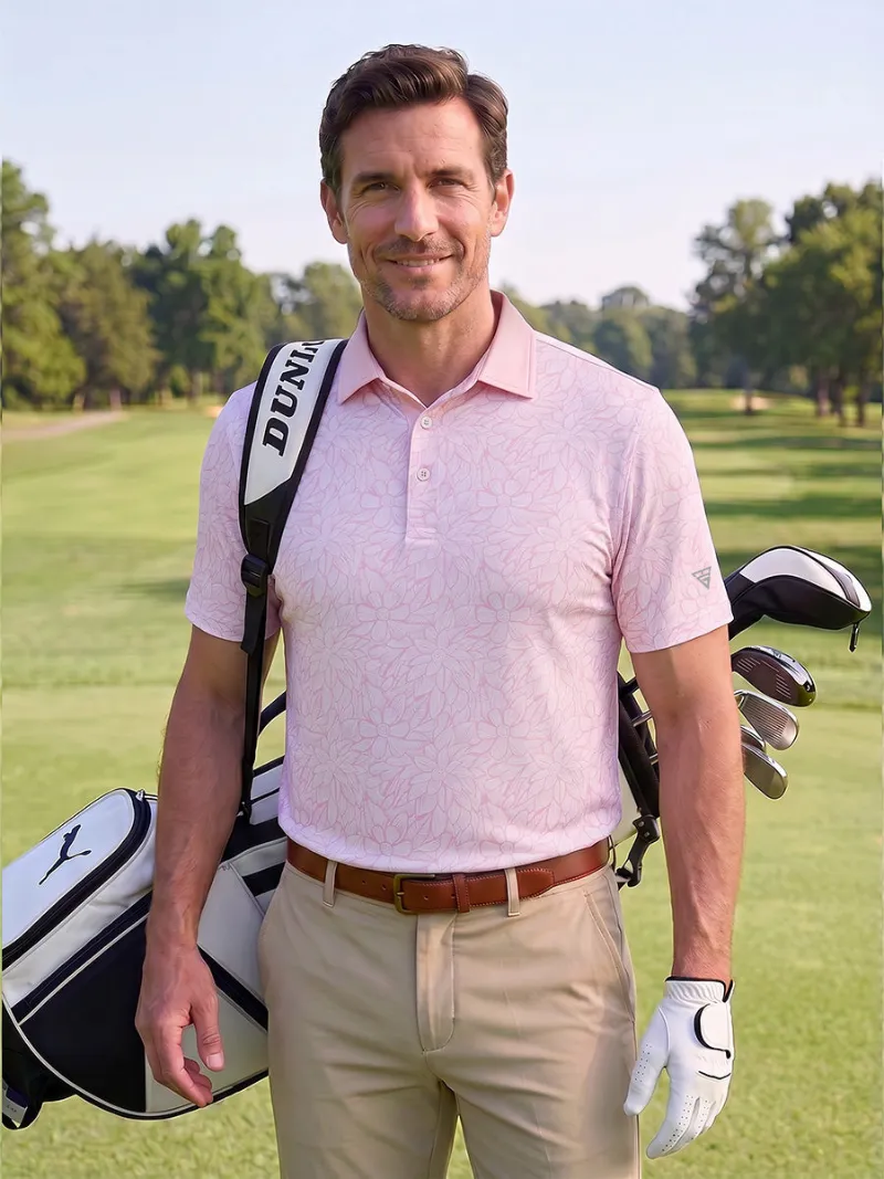 Maelreg Golf Lightweight Stretch Upgraded Print Golf Polo Shirts with color-blocked collar