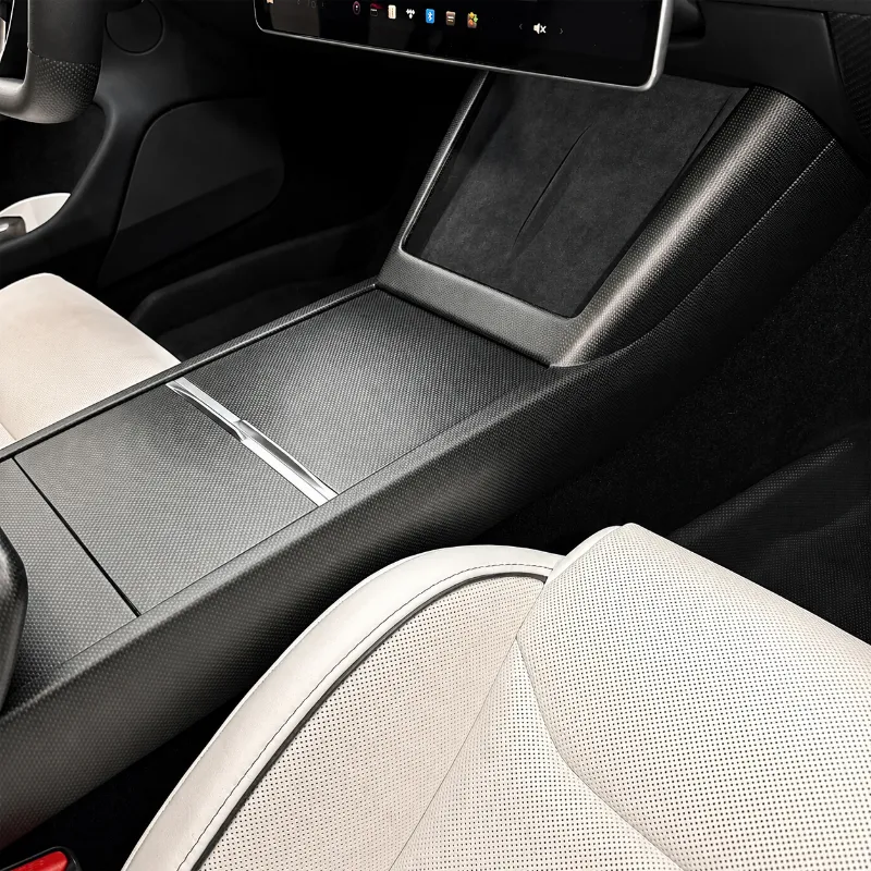 Tesstudio Carbon Fiber Center Console One-Piece Trim Frame for Tesla Model 3 Highland Model Y Juniper Model Y L installed around console