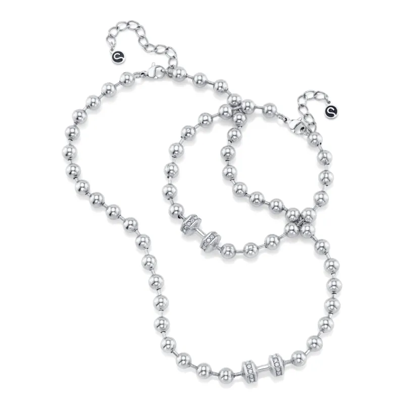 Sleek Fit Jewelry ATLAS SET - SILVER shown as a silver ball link necklace and bracelet set