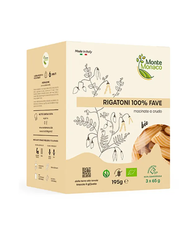 Vegaliano Fava beans flour rigatoni pasta on white background