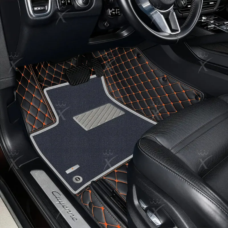 Luxus Car Mats double layer floor mat in black with orange stitching and a gray top carpet