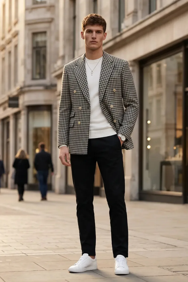 Wehilion Men's Black Houndstooth Double-Breasted 2 Piece Suit, patterned jacket with dark trousers